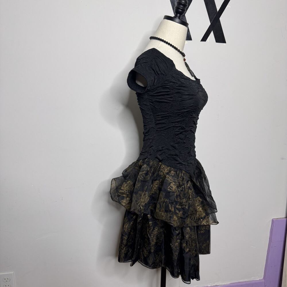 Vintage 80s Black Lace Tulle Party Girl Prom Dress • Fairy Formal Betsey Cyndi M - Picture 3 of 9